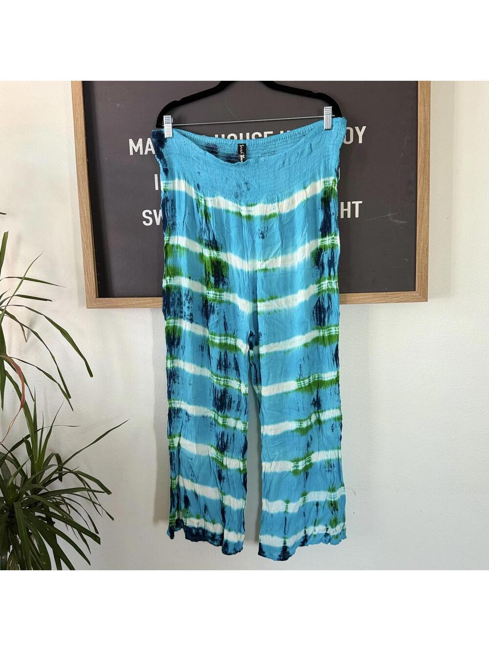 Blue Sand Track Tie Dye Wide Leg Pants Free Size Y2K Boho Lounge XXL